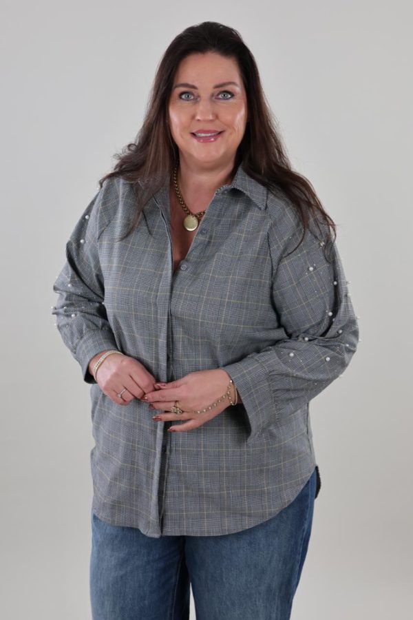1970 Blouse Grey Pearls Checked