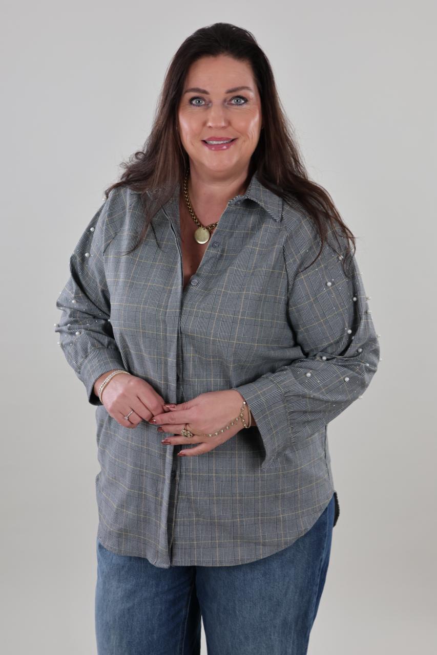 1970 Blouse Grey Pearls Checked