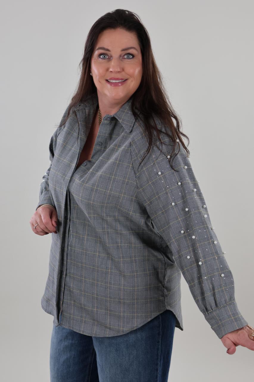 1970 Blouse Grey Pearls Checked - Afbeelding 2