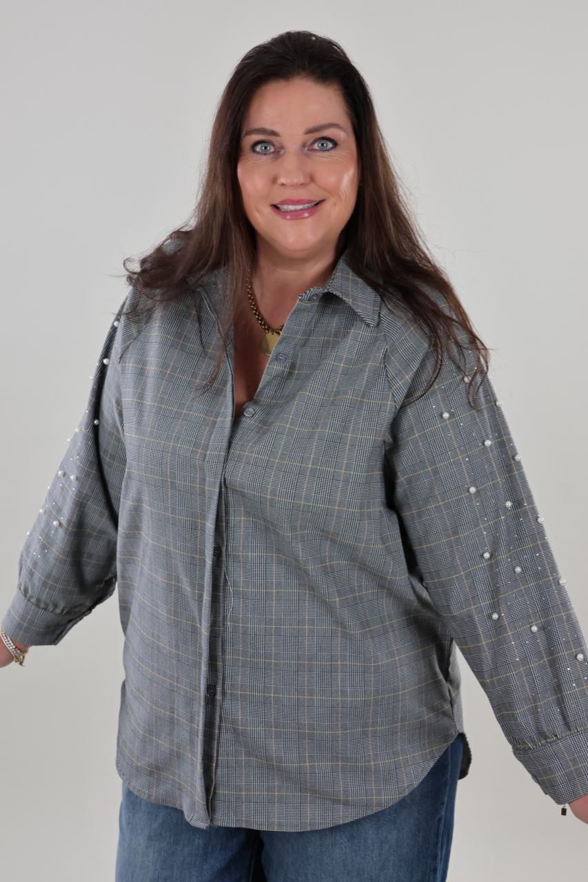 1970 Blouse Grey Pearls Checked - Afbeelding 3